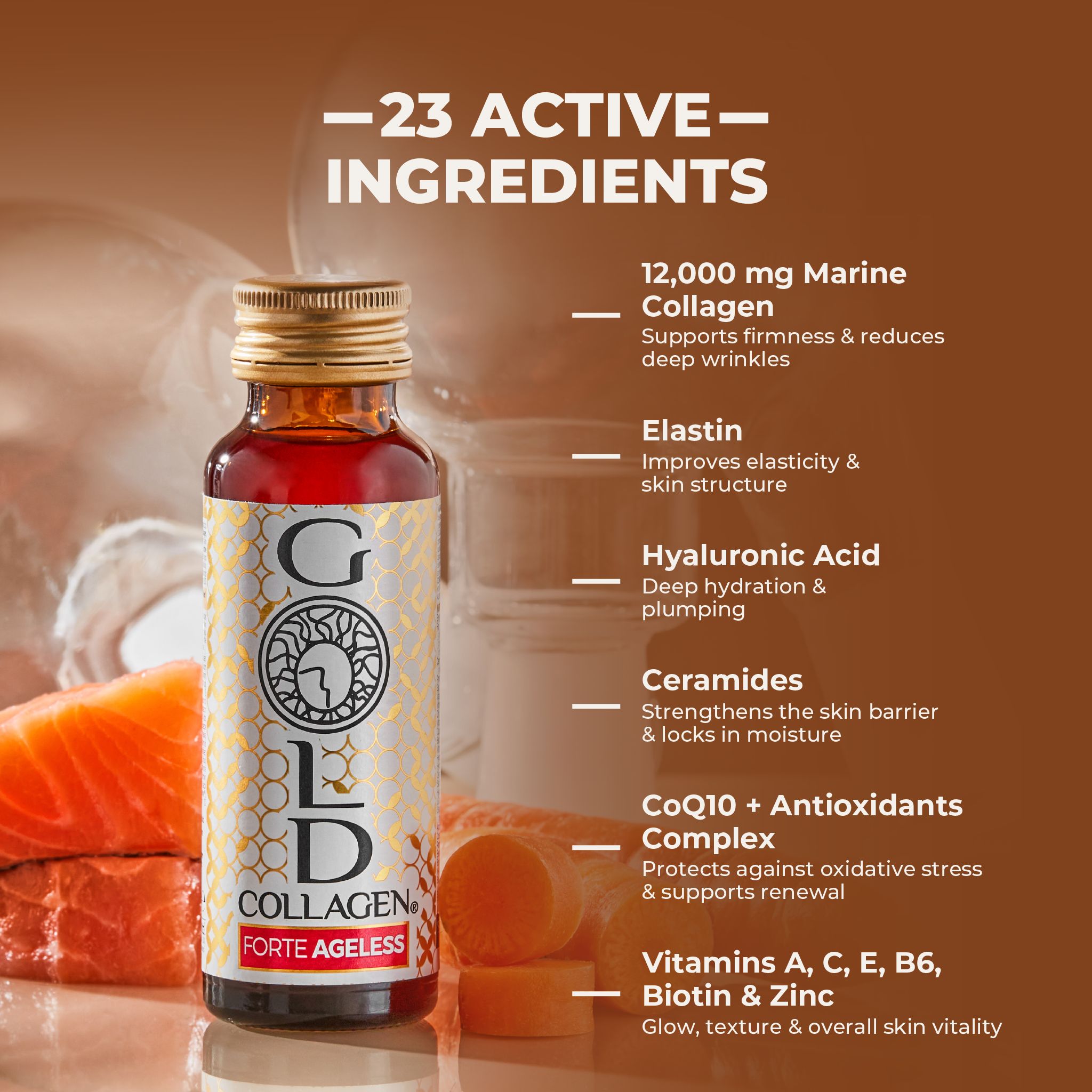 Gold Collagen Forte Ageless fles met lijst van 23 actieve ingrediënten, waaronder 12.000 mg collageen, elastine, hyaluronzuur, ceramiden.