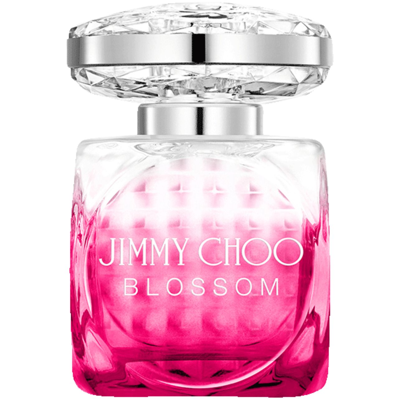 Jimmy Choo Blossom e.d.p. Spray. Fles met zilveren dop en roze kleurverloop. Vierkante vorm.