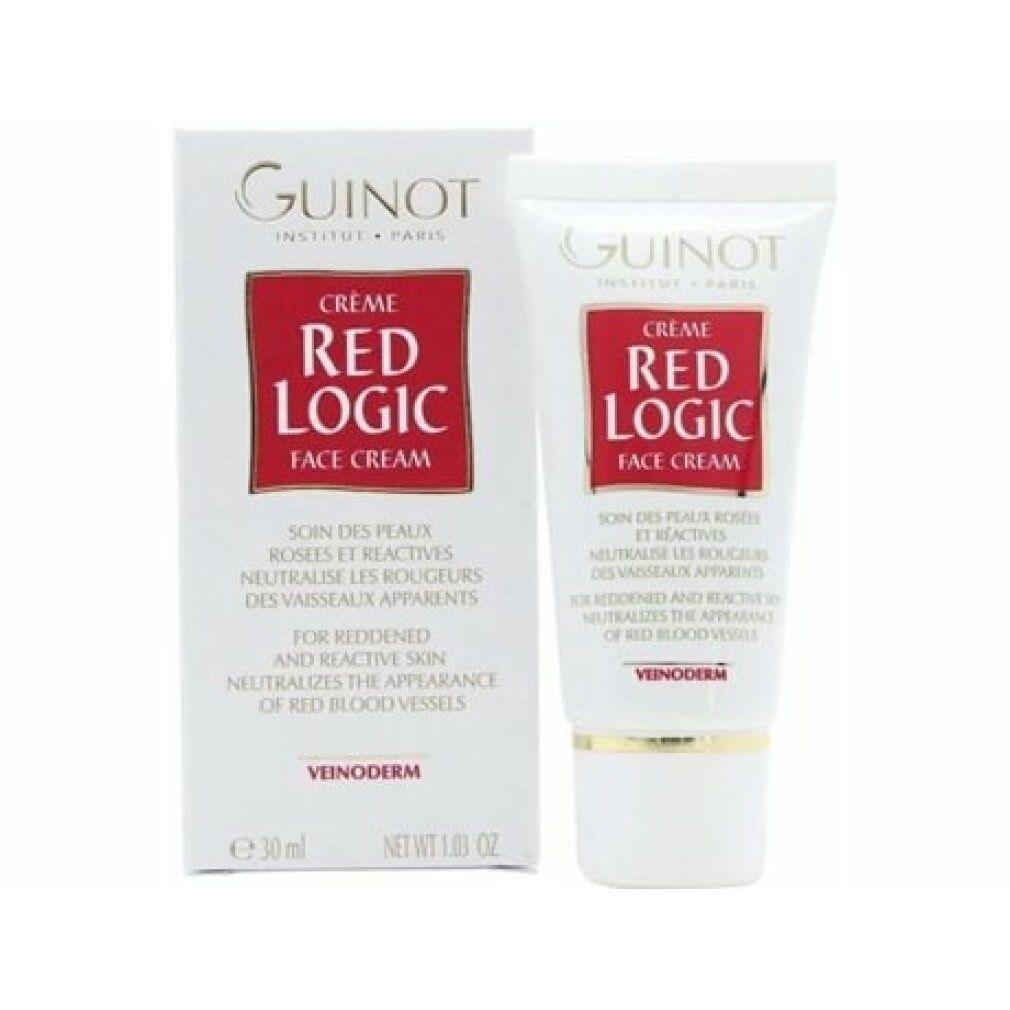 Emballage produit avec tube et boîte. Impression "Guinot Crème Red Logic Face Cream". Texte en français et anglais.