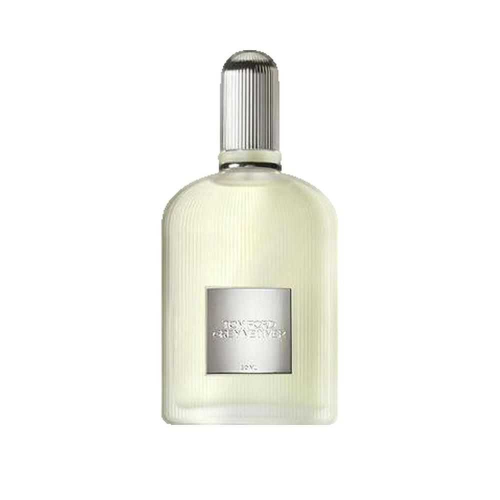 Parfumfles met zilveren dop. Label met "TOM FORD GREY VETIVER".