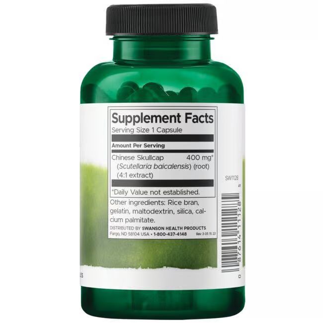 Dos d'une bouteille verte. Étiquette avec "Supplement Facts", ingrédients et informations nutritionnelles. Texte en anglais.