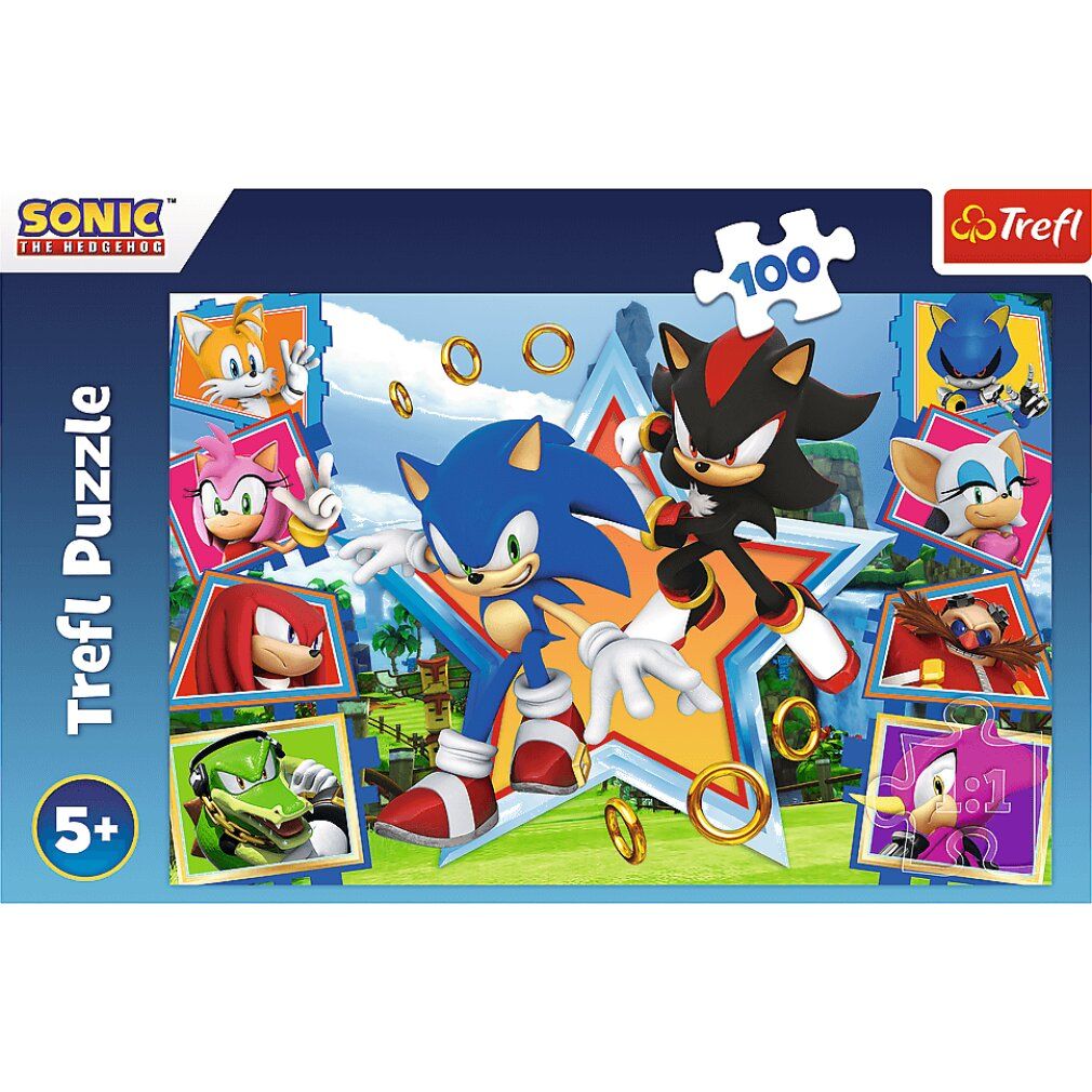 Puzzle avec Sonic et Shadow. Inscriptions: Sonic, Trefl Puzzle, 100 pièces, 5+. Le puzzle montre plusieurs personnages.