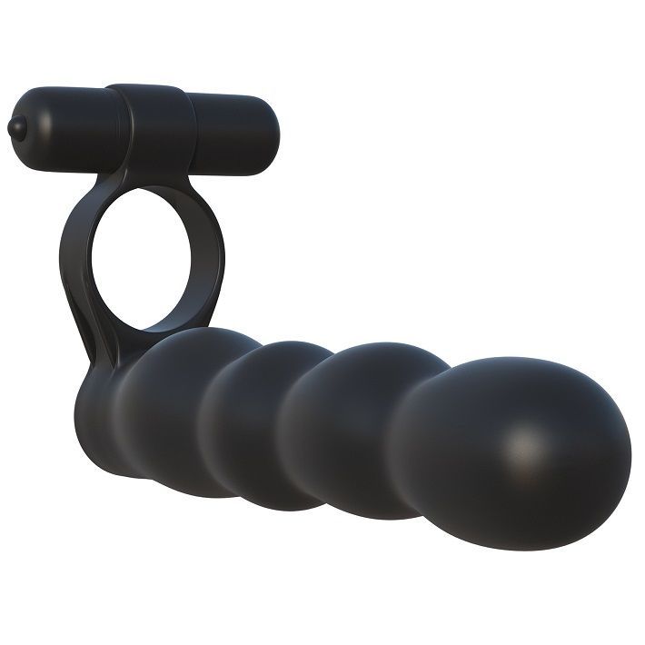 Zwarte, buigzame dubbele penetratiemassager met parelachtige schacht, zijaanzicht.