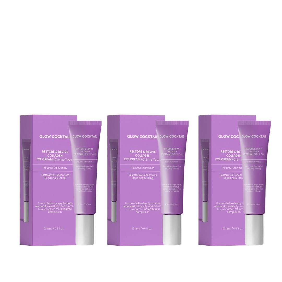 Trois boîtes violettes avec texte et nom du produit. Chaque boîte contient un tube de crème pour les yeux. Inscription : Glow Cocktail, Restore & Revive Collagen.