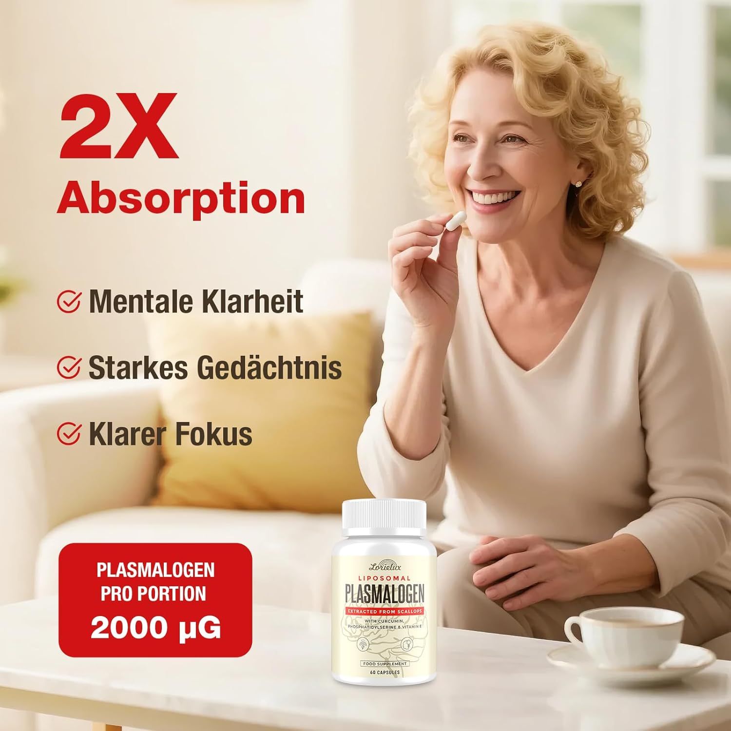 Lorielux Plasmalogen : 2x Absorption pour clarté mentale, mémoire, concentration. Flacon de 60 gélules, 2000 µg par portion.