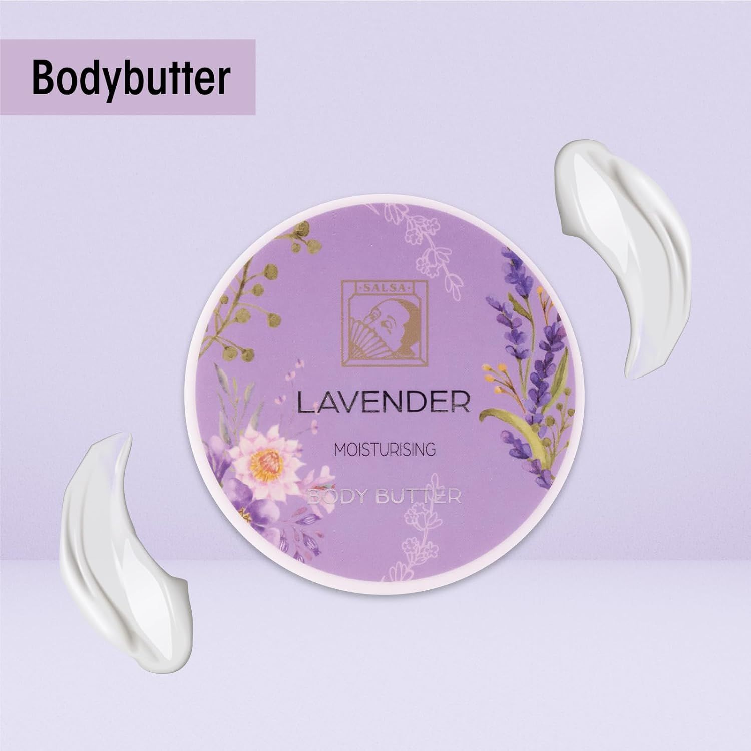 Pot rond de beurre corporel au design lavande. Deux traits de crème à côté.