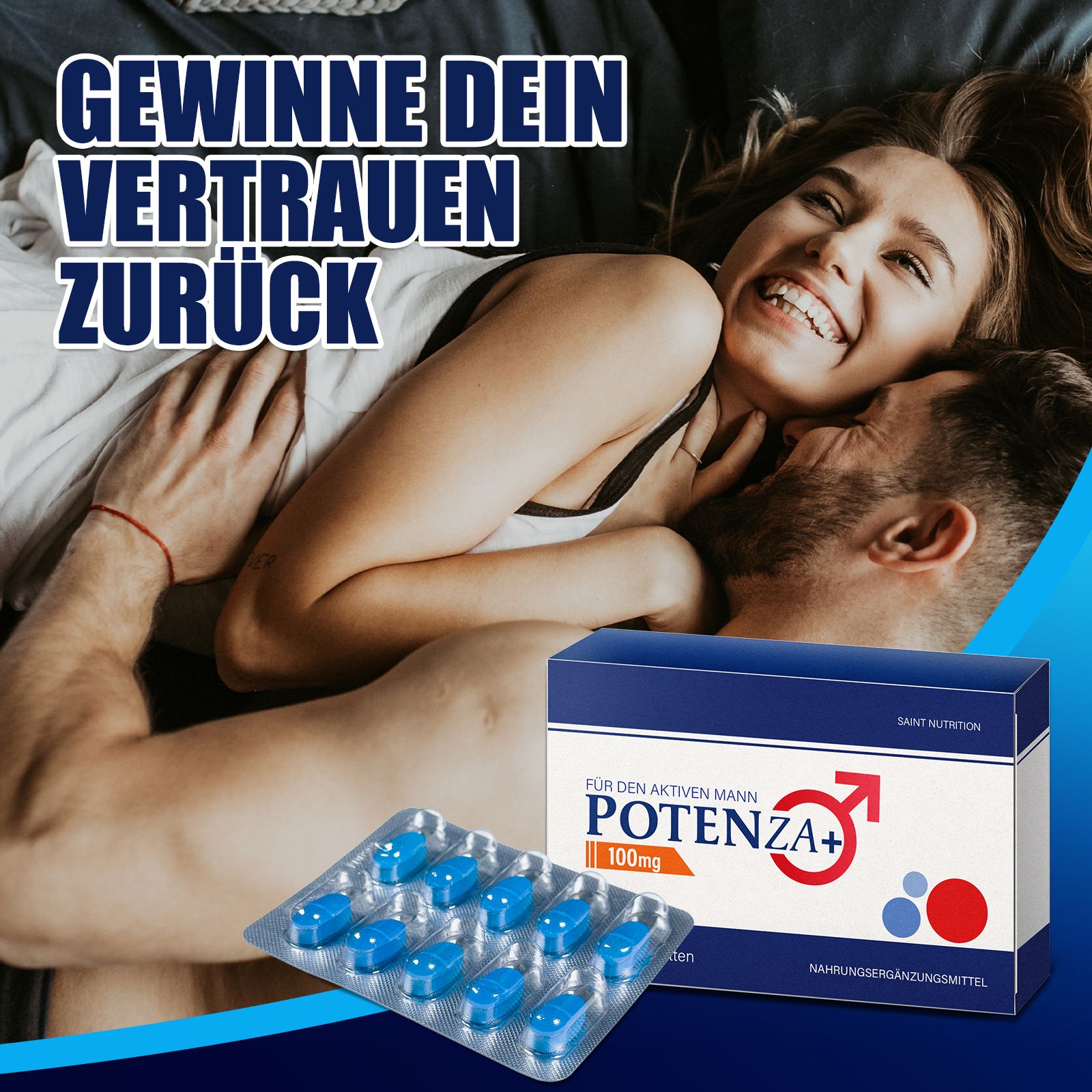 Couple au lit, emballage et blister. Inscription: Potenza+, 100mg. 10 comprimés pelliculés. Complément alimentaire. Texte: Retrouvez votre confiance.