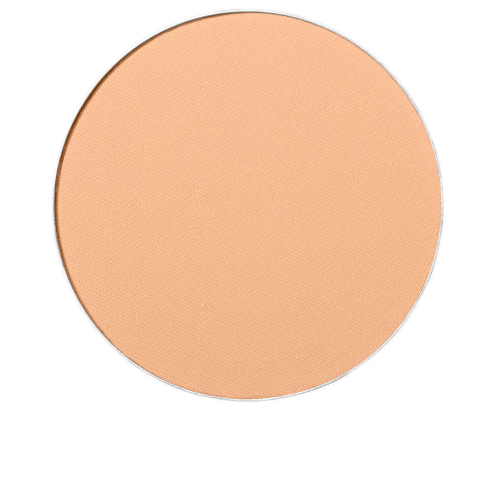 Poudre compacte beige clair, de forme circulaire. Contenant rond avec bord argenté.