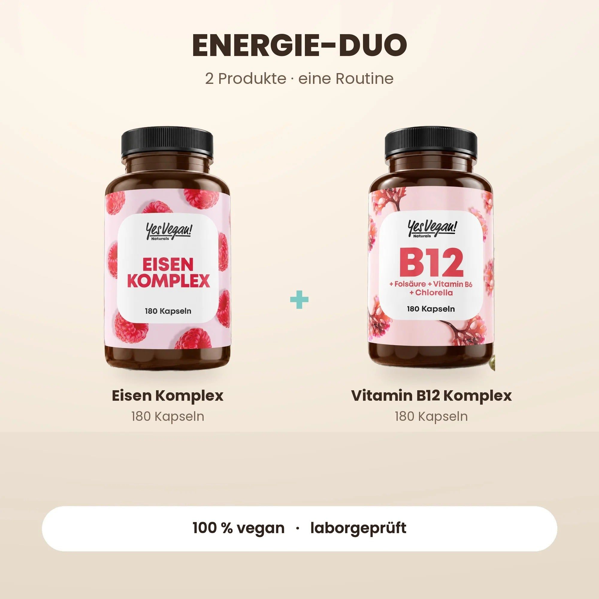 Deux bouteilles de compléments alimentaires YesVegan! : Complexe de fer et Complexe de vitamine B12, 180 gélules chacune.