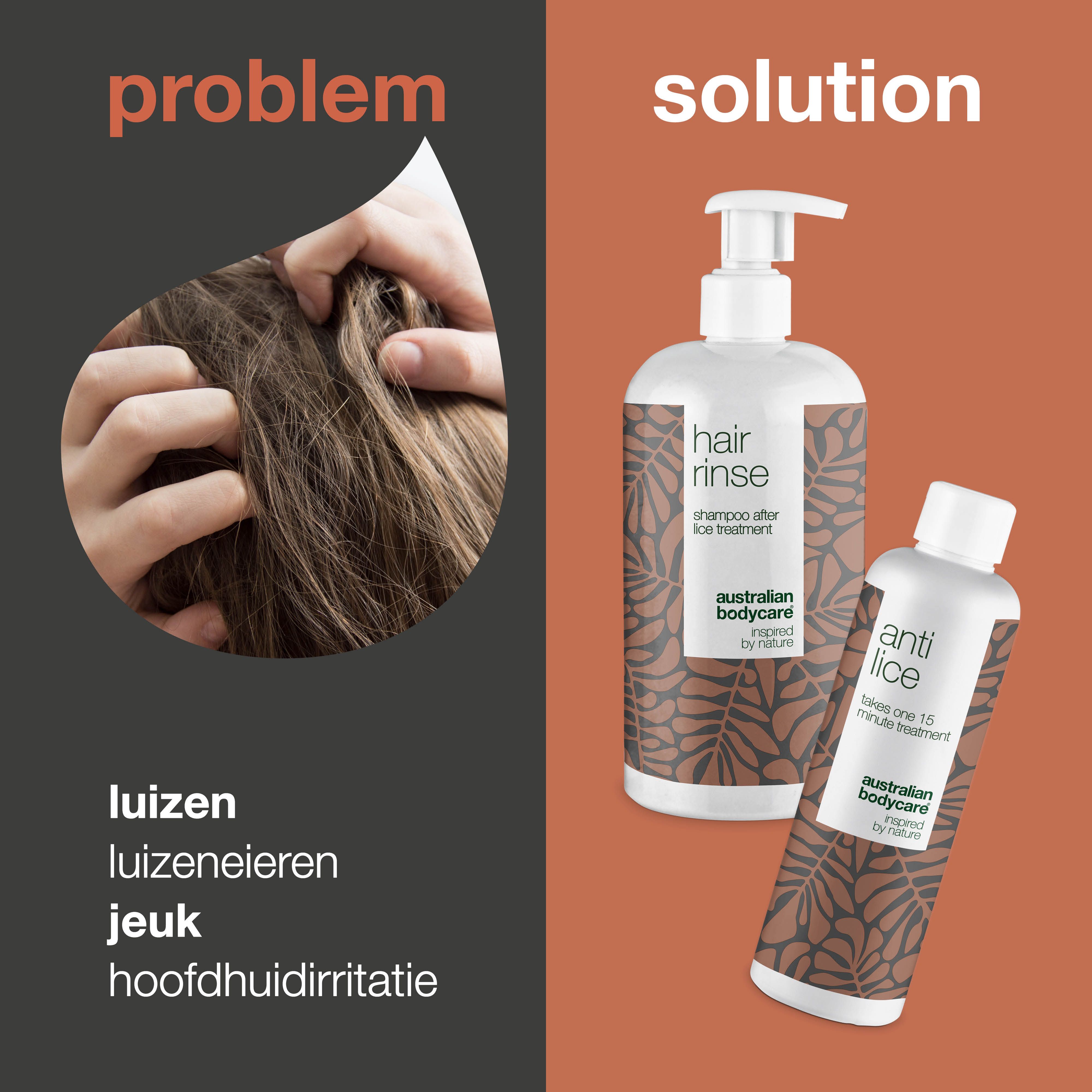 Haar met luizen en shampoo flessen. 'Hair rinse' en 'anti lice'. Merk: Australian Bodycare.