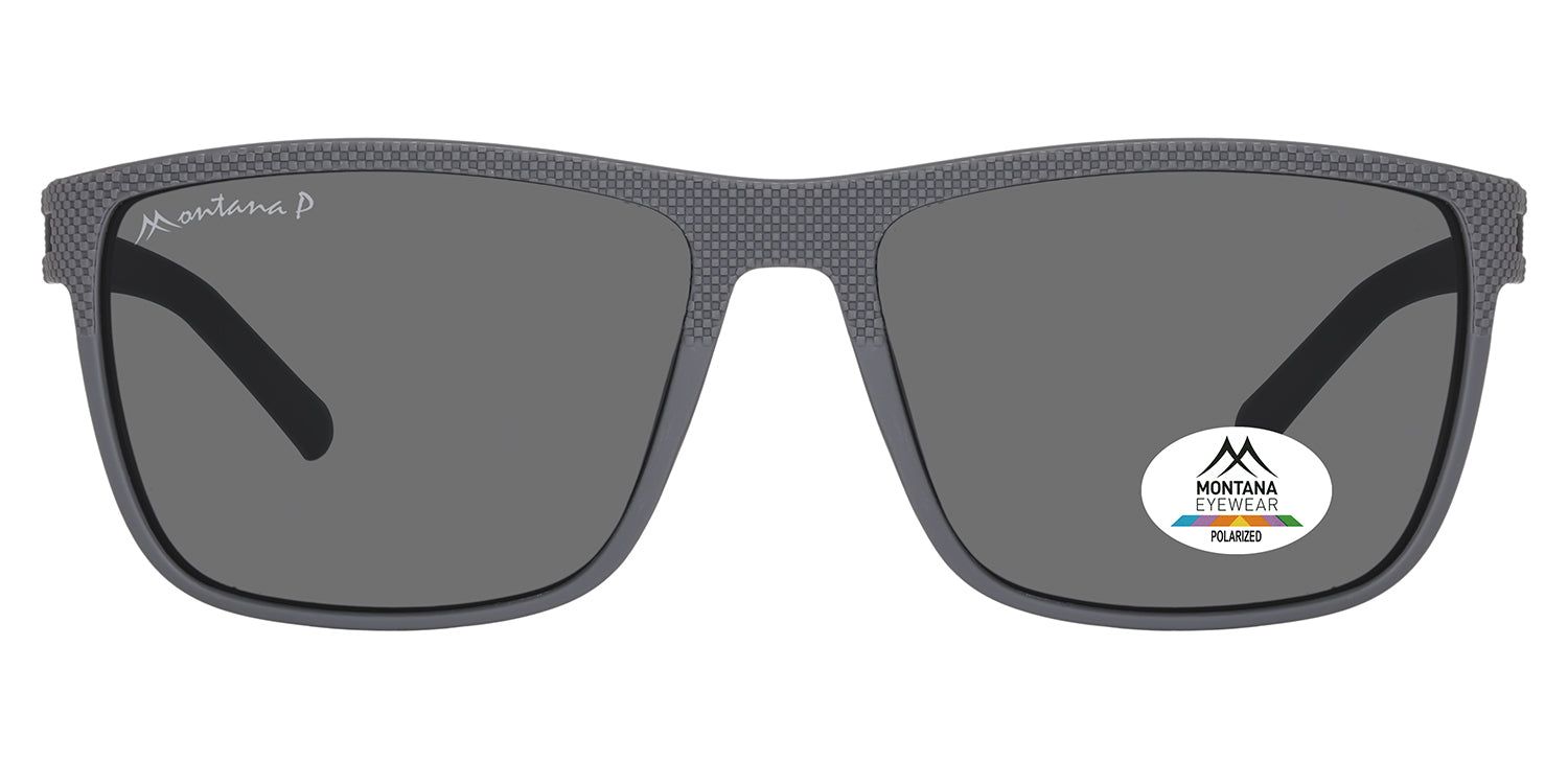 Lunettes de soleil Montana Eyewear grises. Forme rectangulaire, verres foncés. Logo et autocollant Polarized. Branches noires.