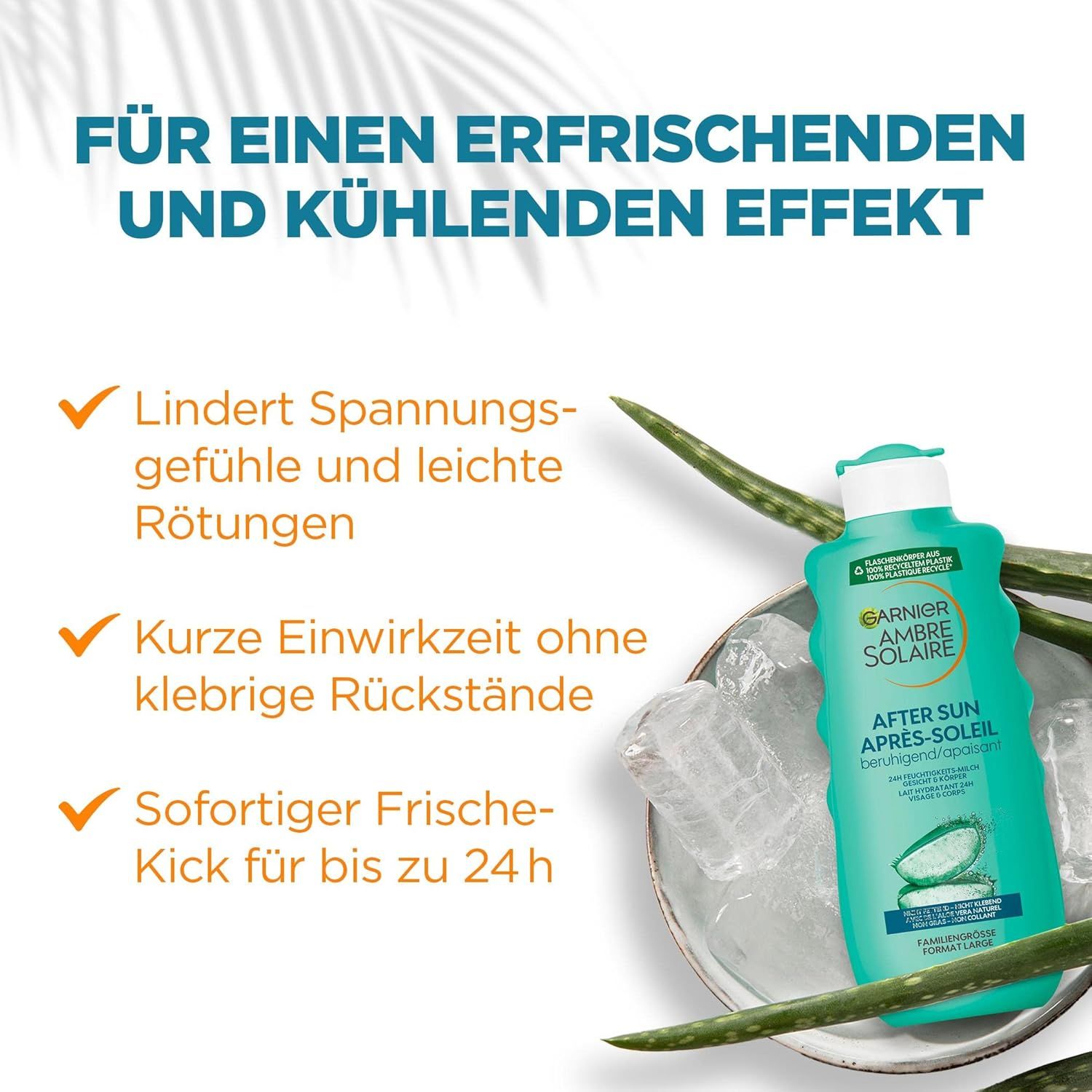 Garnier Ambre Solaire Après-Soleil. Bouteille avec glaçons et Aloe Vera. Texte: Apaise rougeurs, action rapide, fraîcheur immédiate.