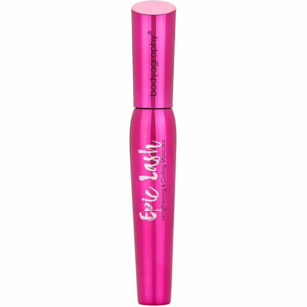 Roze mascara. De houder draagt de tekst "bodyography" en "Epic Lash Lengthening & Curling Mascara".