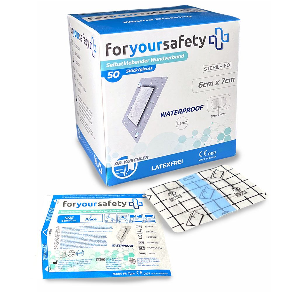 Verpakking en individuele pleisters. 6x7cm. Merk: foryoursafety. Waterdicht, steriel. Verpakkingsinfo inbegrepen.