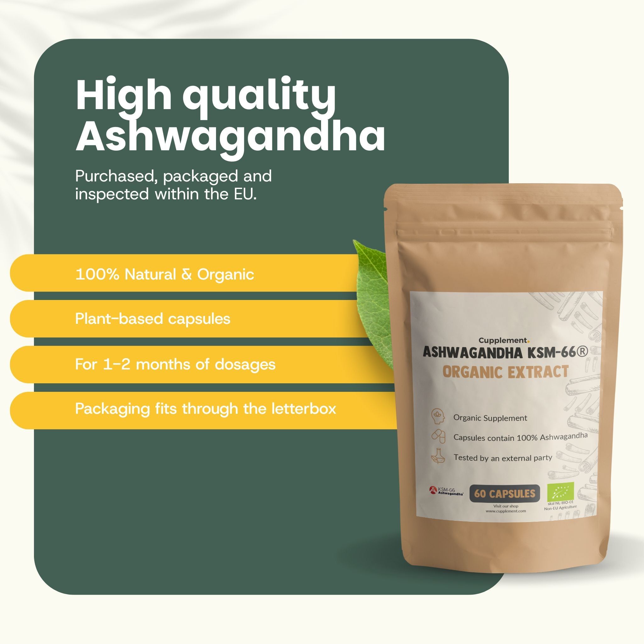 Emballage en sachet marron avec inscription : Ashwagandha KSM-66 Organic Extract. Contient 60 gélules. 100% naturel et biologique.