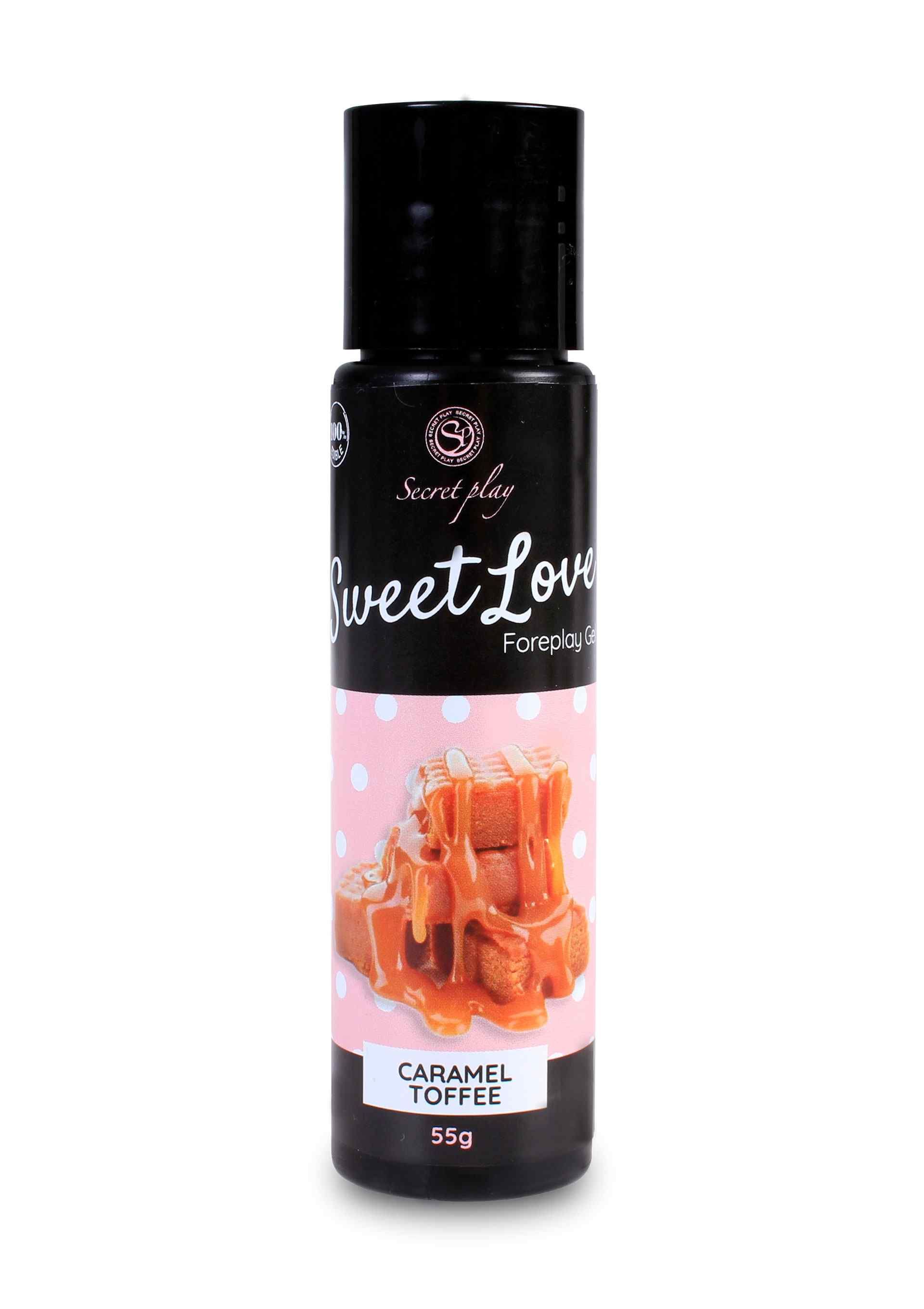Fles Sweet Love Foreplay Gel Caramel Toffee, 55g, met karamel-toffee stukjes.