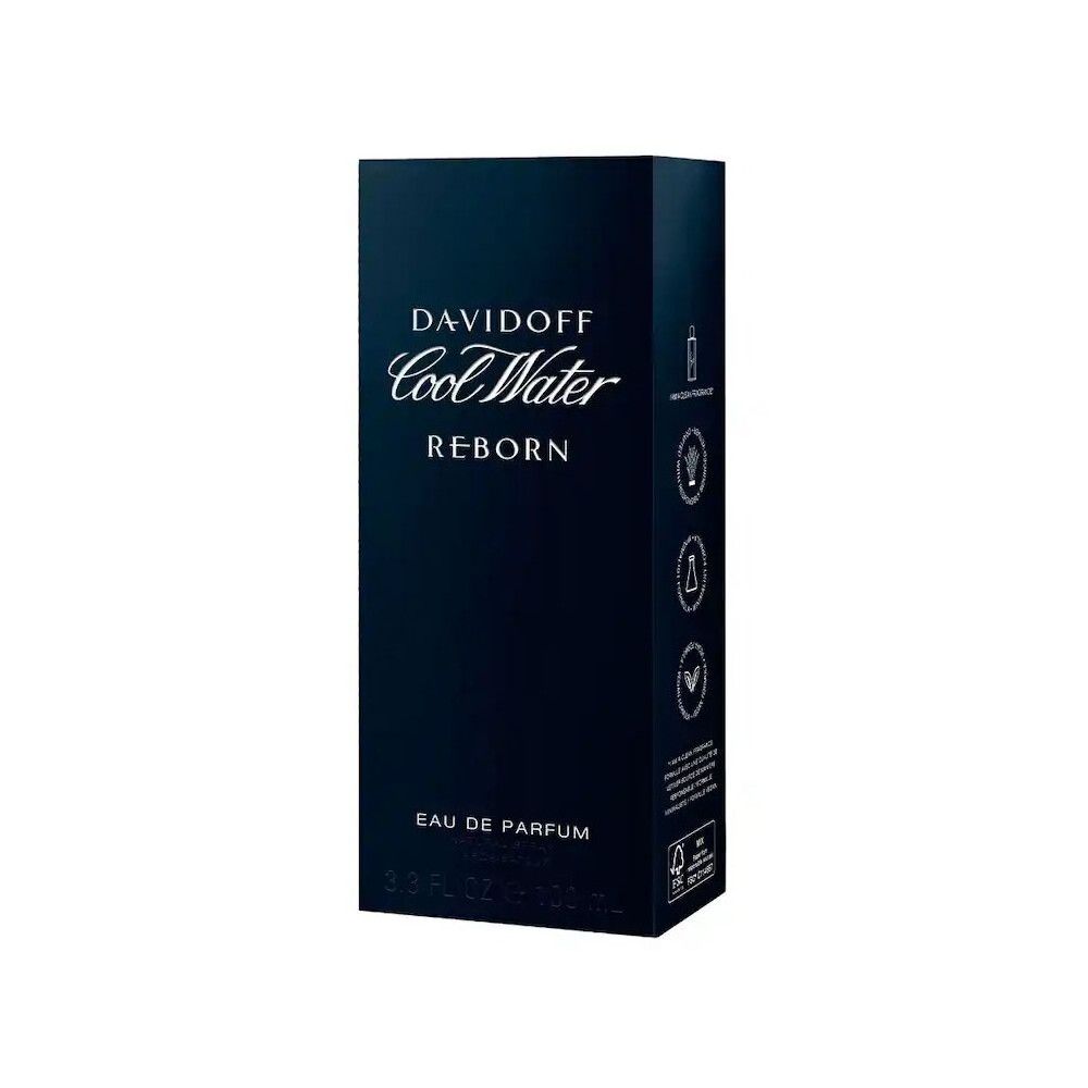 Emballage Davidoff Cool Water Reborn Eau de Parfum. Boîte rectangulaire noire avec logo et informations produit. Certifié FSC.