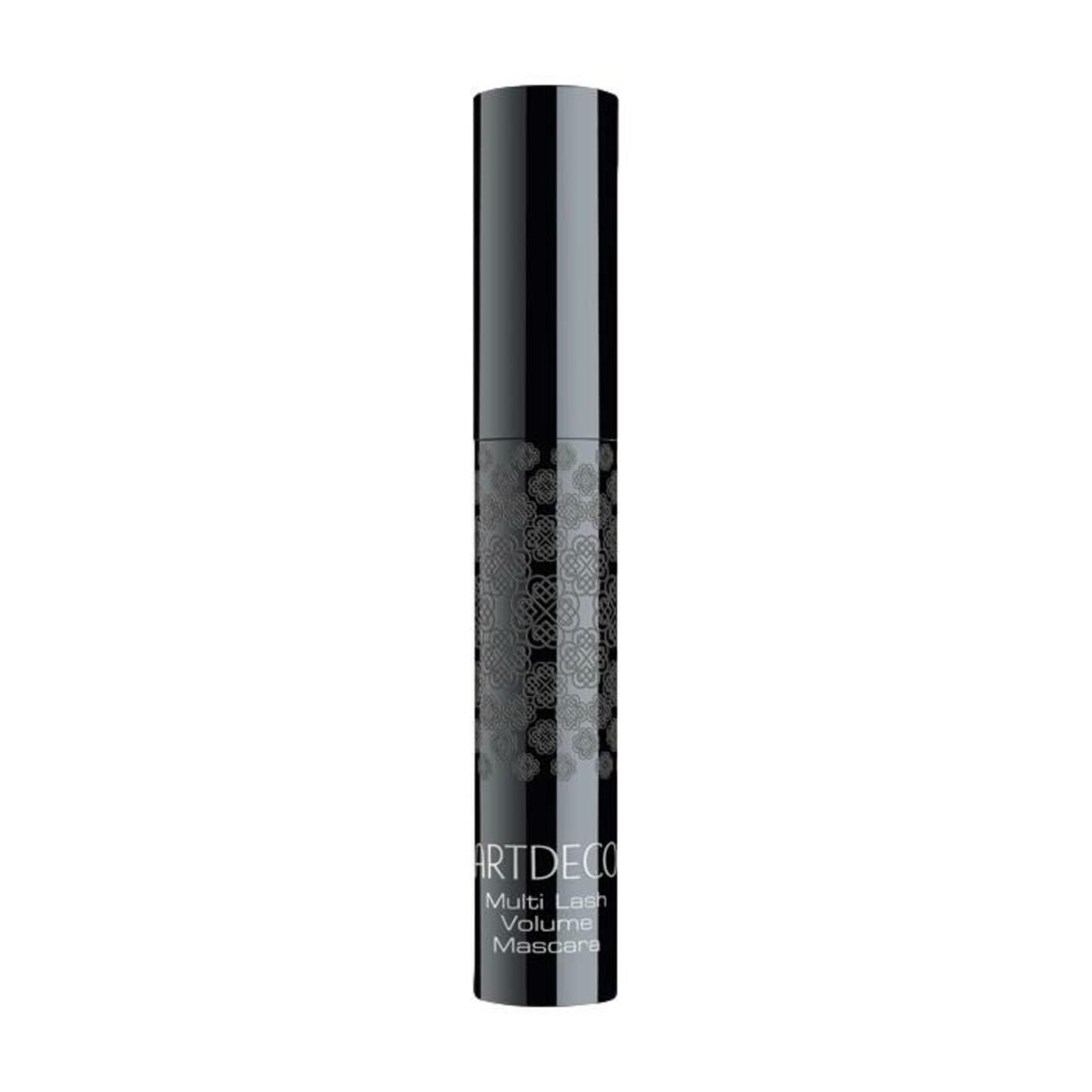 Zwarte mascara tube met zilveren patroon en tekst. Productnaam: Artdeco Multi Lash Volumen Mascara Refillable.