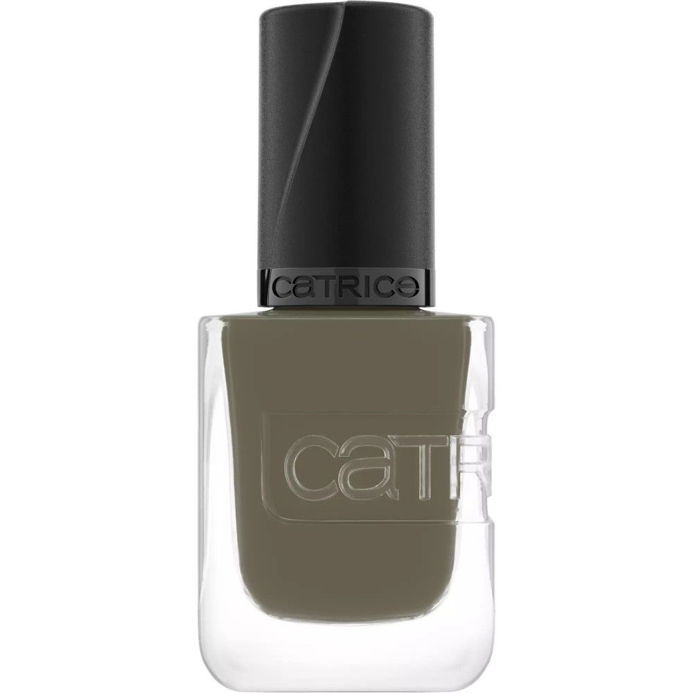 Flacon de vernis à ongles avec bouchon noir. Couleur vert olive. Logo de la marque sur le bouchon.