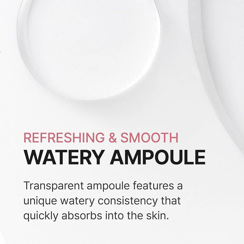 Tekst: REFRESHING & SMOOTH WATERY AMPOULE. Beschrijft de transparante ampul met waterige consistentie.