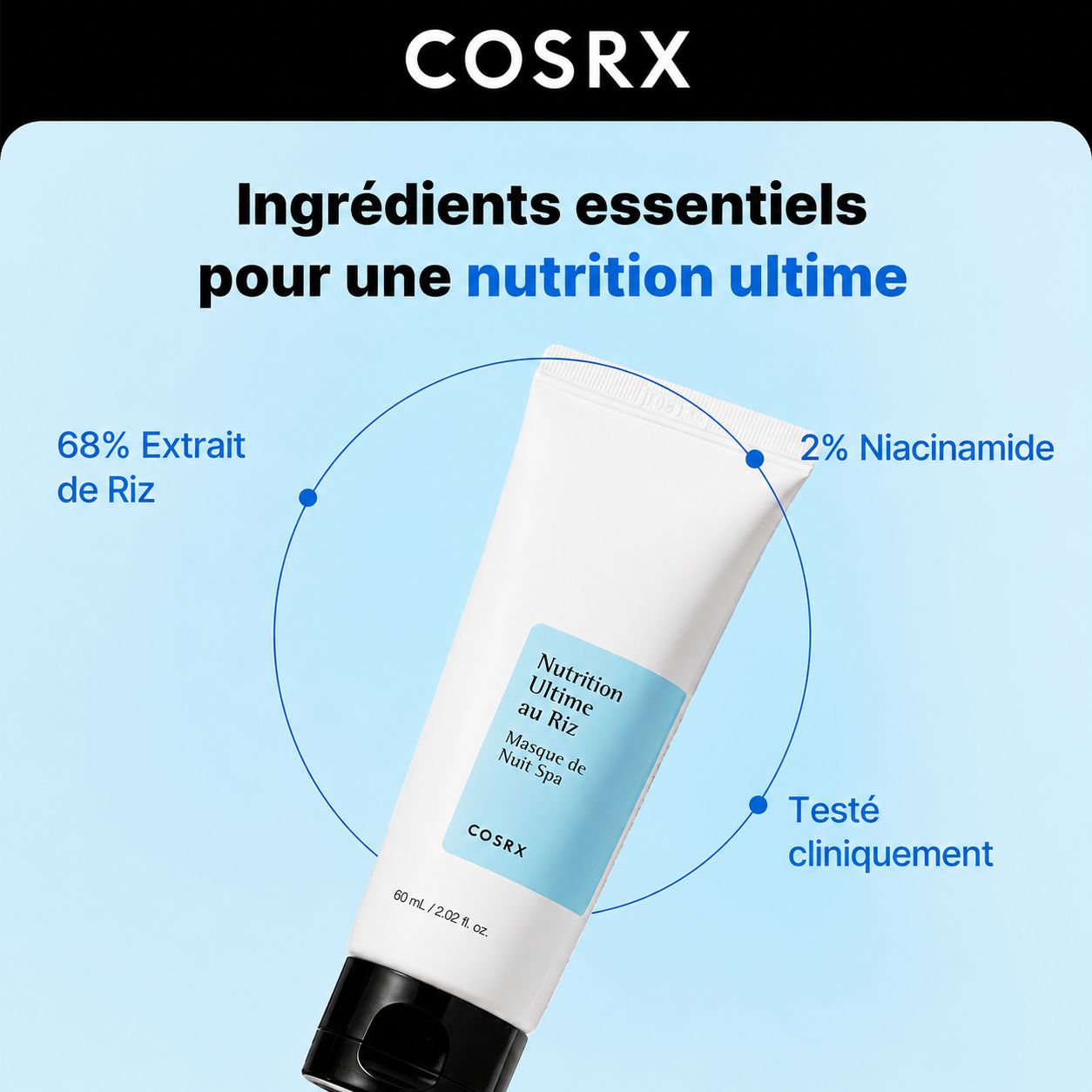 Masque de nuit COSRX au riz: 68% extrait de riz, 2% niacinamide. Pour une nutrition ultime.