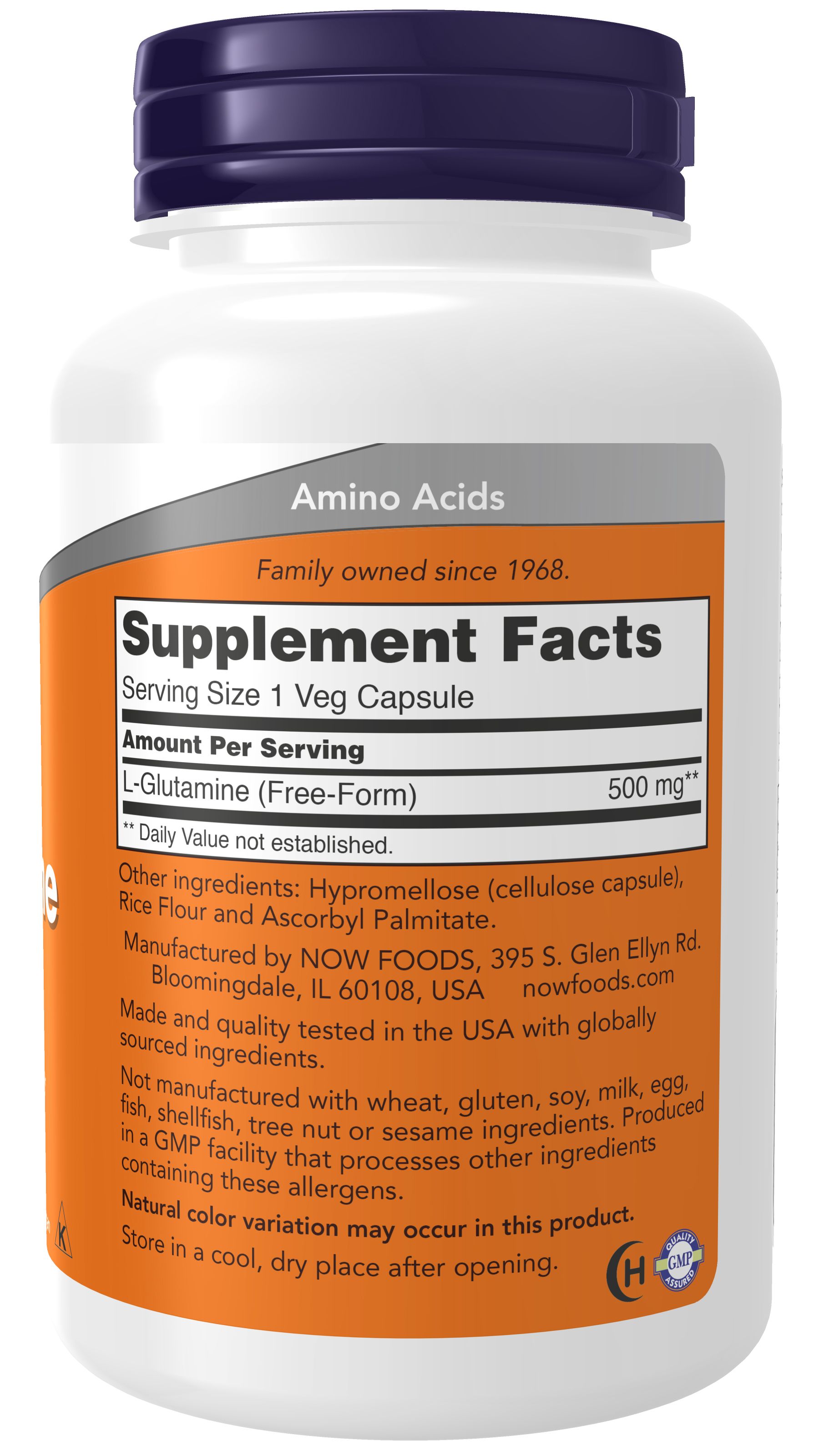Bouteille de gélules de L-Glutamine. Contient 500 mg de L-Glutamine par portion. Fabriqué par NOW FOODS.
