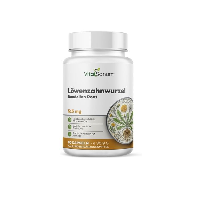 VitaSanum Paardenbloemwortel capsules, 515 mg. Witte container met etiket met plant en wortel.