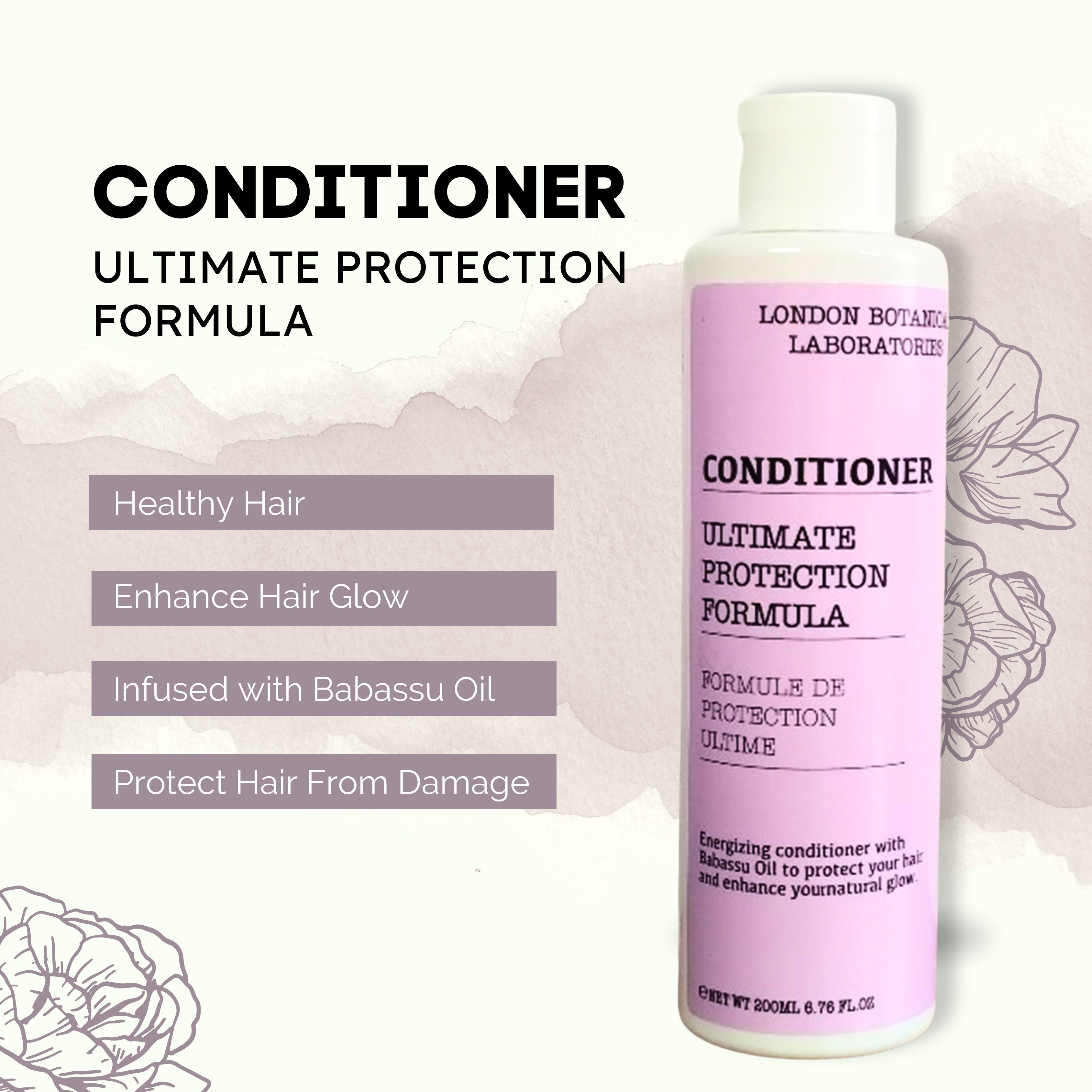 Fles conditioner. Opschrift: London Botanical Laboratories, Conditioner, Ultimate Protection Formula. Roze etiket, witte dop. Tekstvakken.