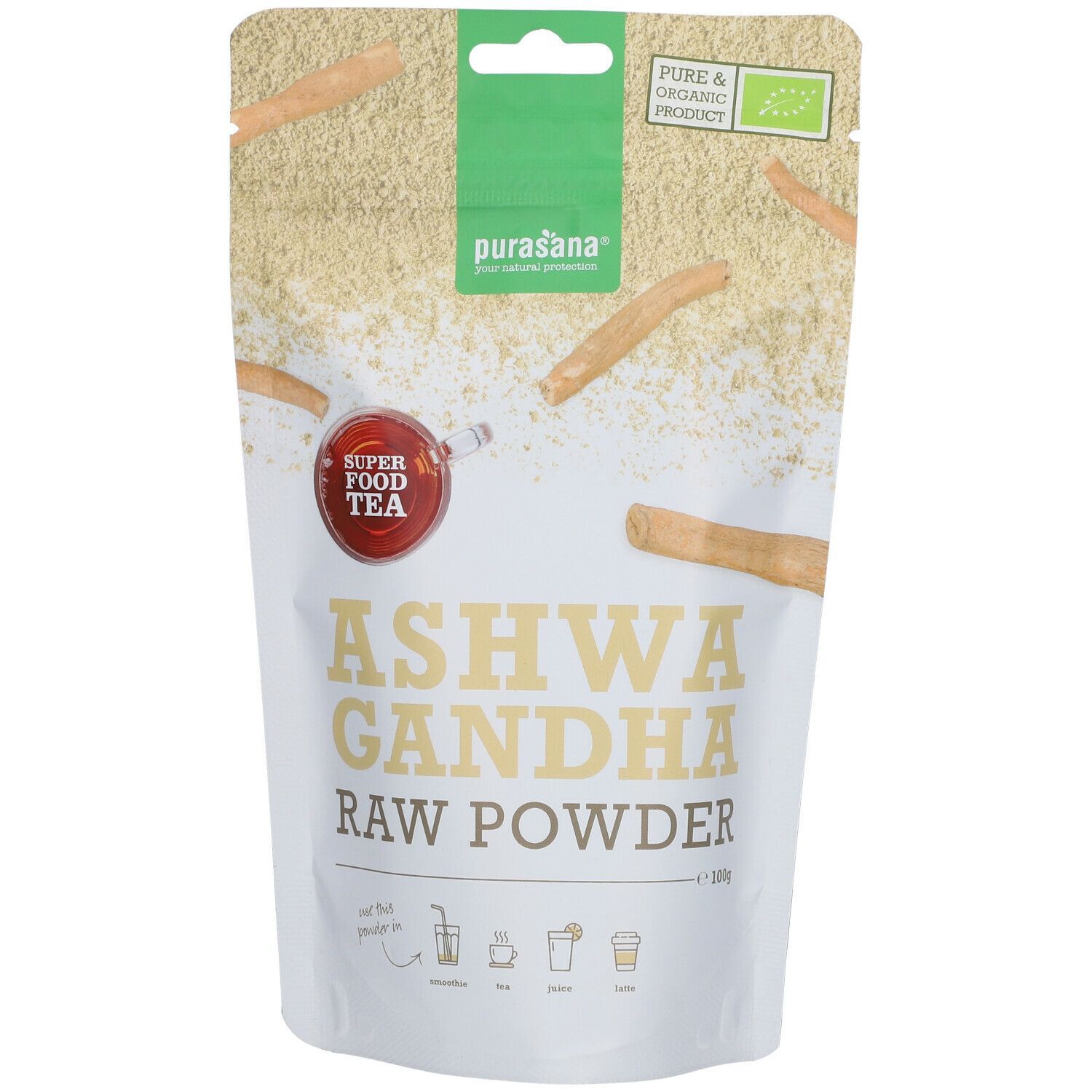 Zakje Ashwagandha poeder. Opschrift: Ashwagandha Raw Powder. Logo: Purasana. Met bio-label.