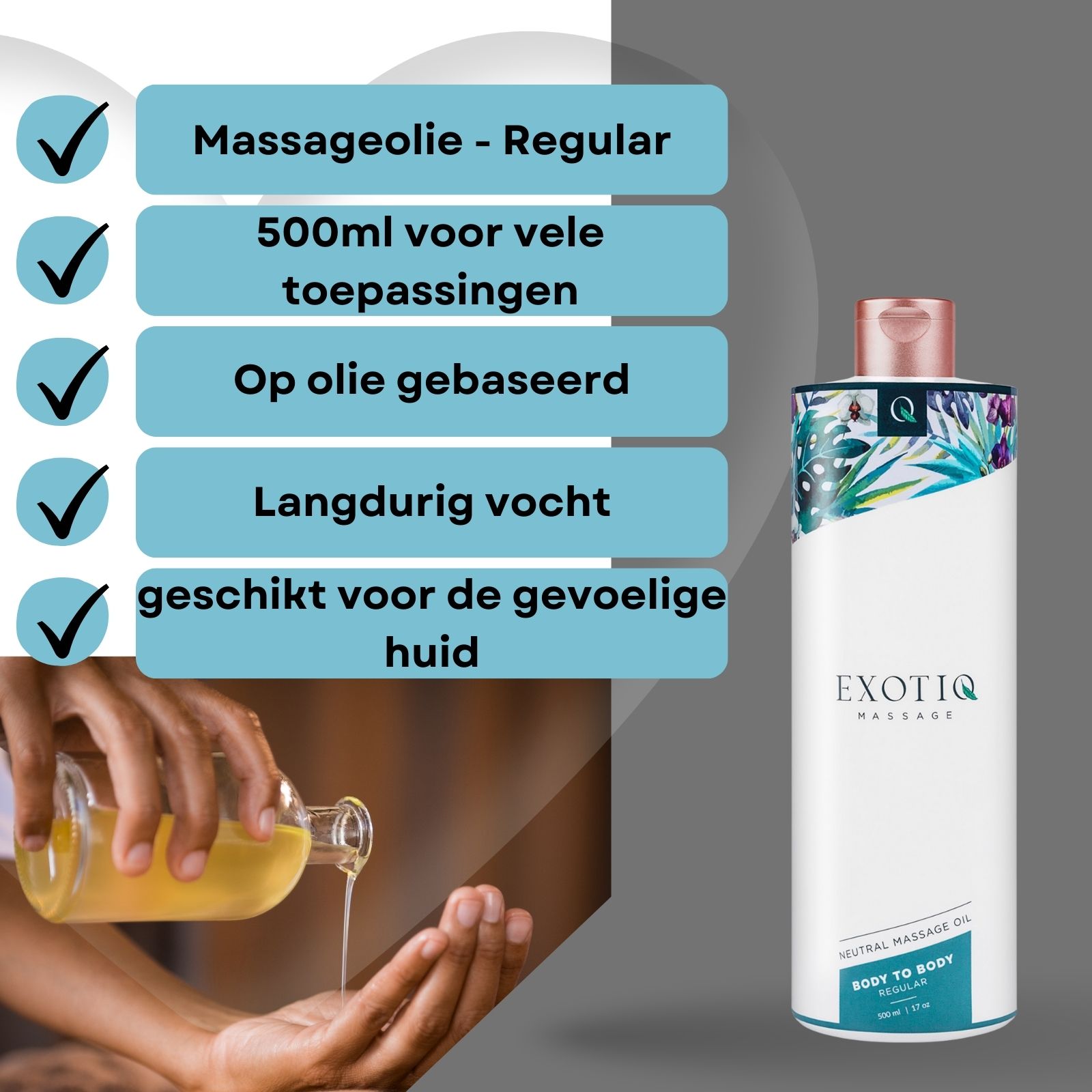 Massageolie wordt in de hand gegoten. Fles met tekst: EXOTIQ MASSAGE, BODY TO BODY REGULAR.