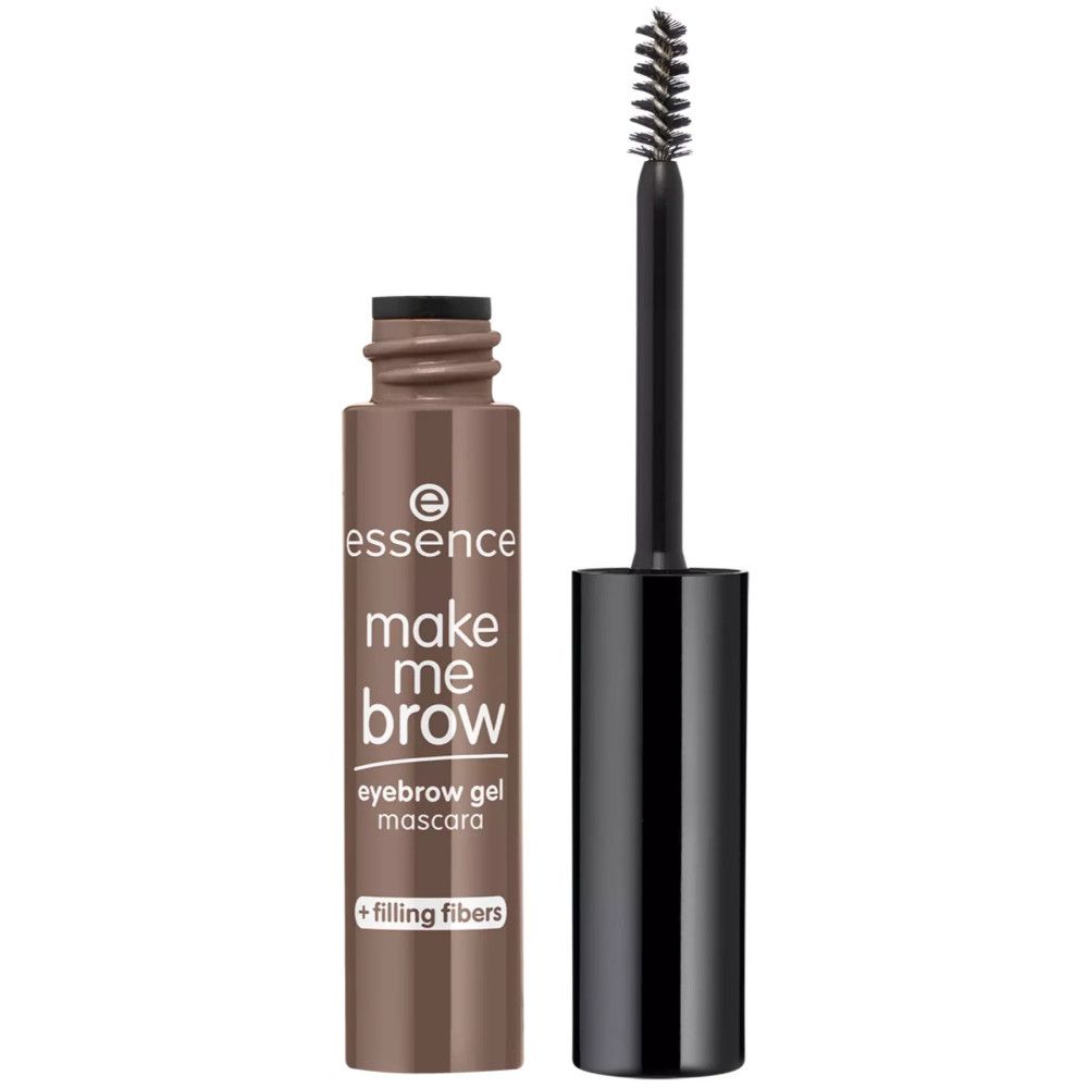 Wenkbrauwgel mascara met borstel en zwarte dop. Opschrift: make me brow, eyebrow gel mascara, + filling fibers.