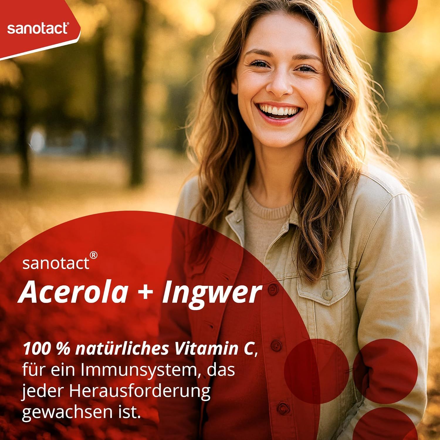 Femme souriante, texte : sanotact Acérola + Gingembre, 100% vitamine C naturelle pour un système immunitaire fort.