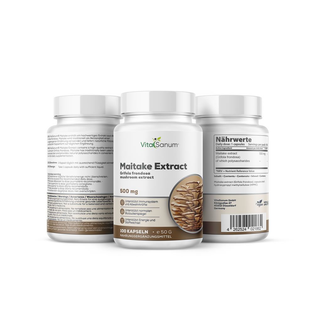 Trois flacons de capsules VitaSanum Maitake Extract, 500 mg. Un flacon présente des informations nutritionnelles détaillées.