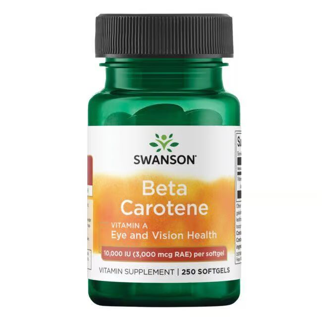 Flacon vert avec bouchon noir. Étiquette "SWANSON Beta Carotene" et "Vitamin A". 250 gélules.