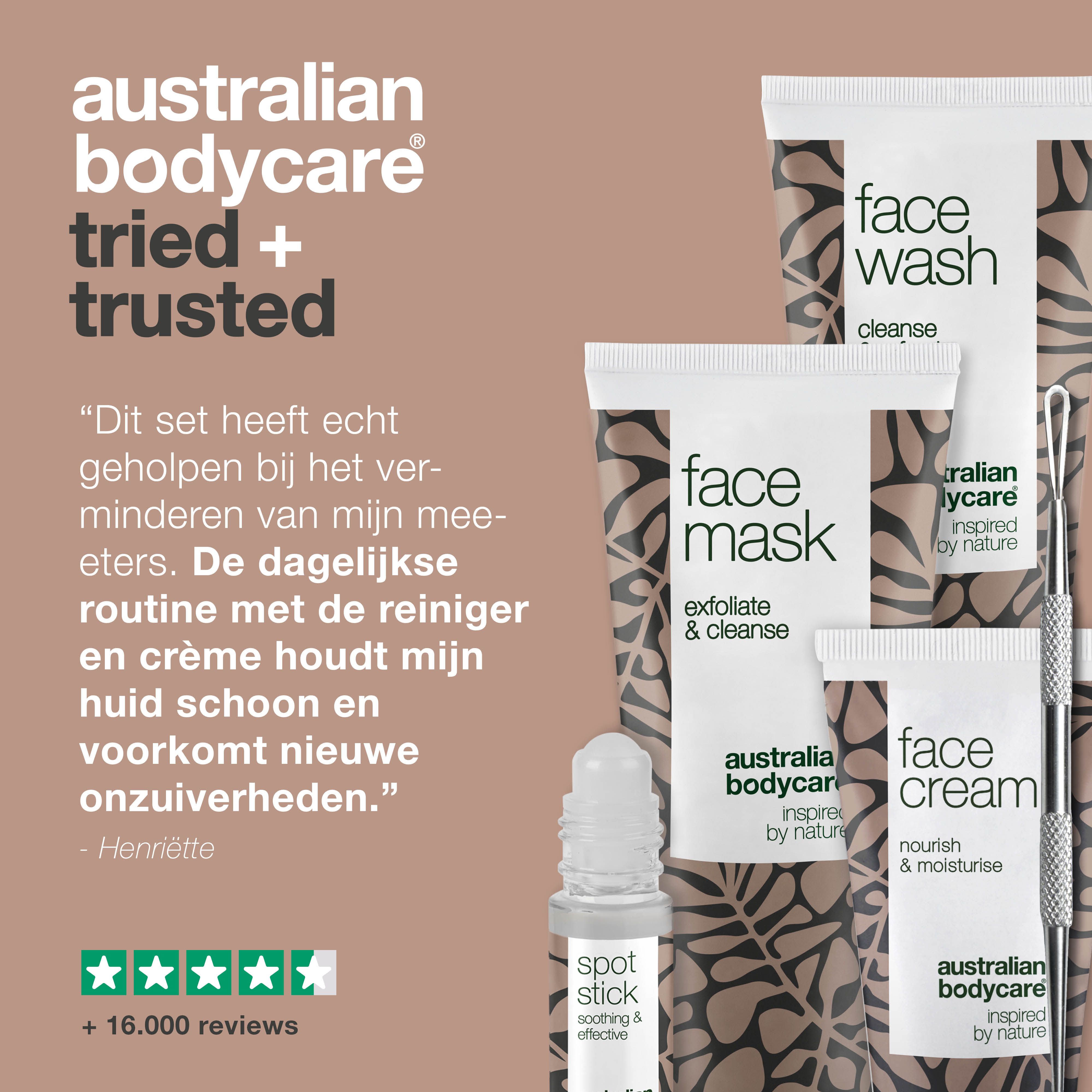 Australian Bodycare tried + trusted. Producten: reiniger, masker, crème, spot stick en tool. Tekst.