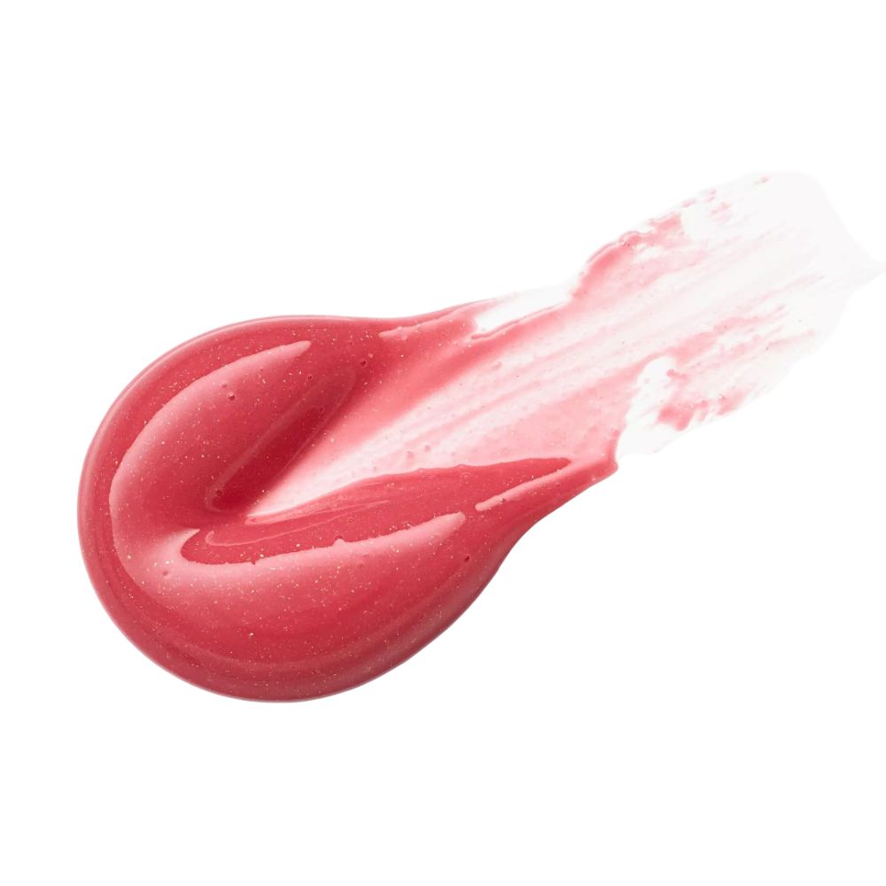 Roze glansproduct-veeg. Glanzende textuur, lichte kleur, op witte achtergrond.