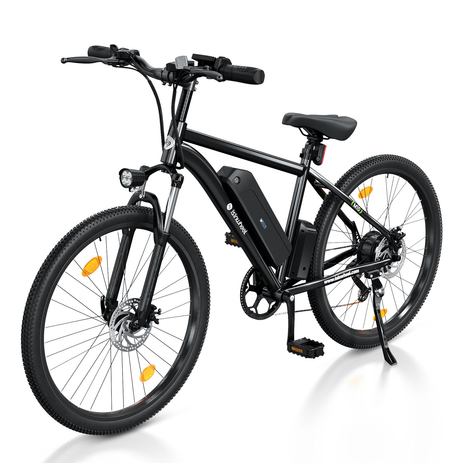 Zwarte e-bike met koplamp, achterlicht en batterij. De fiets heeft zwarte banden en een zwart frame. Het logo is zichtbaar.