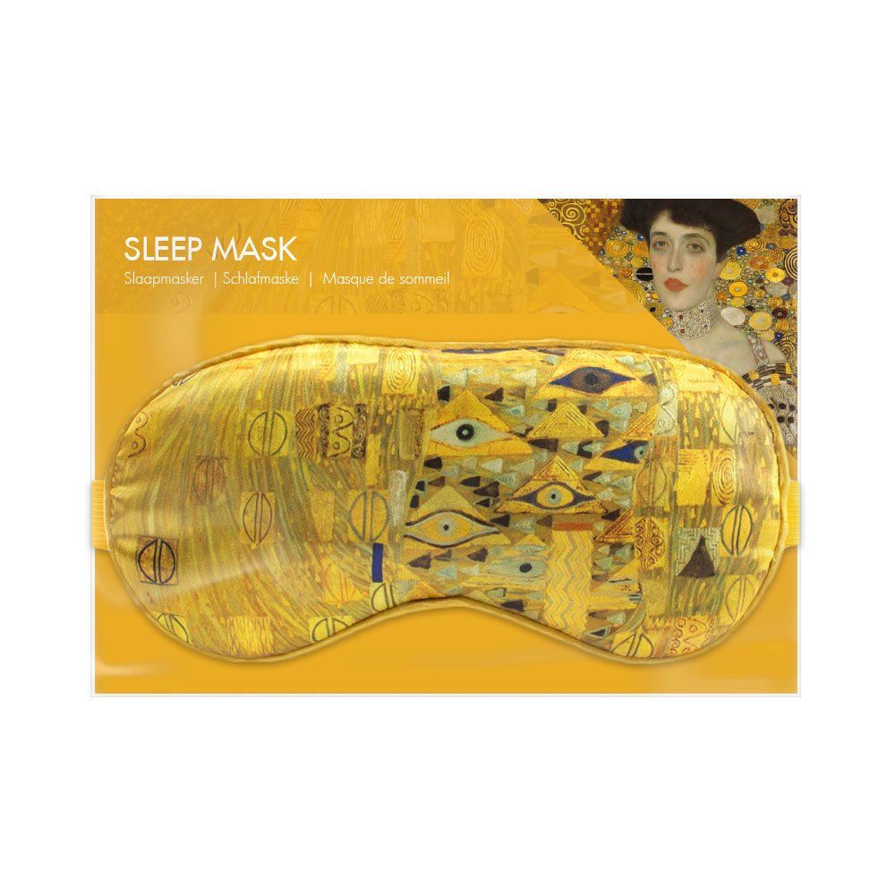 Slaapmasker in verpakking. Goudkleurig ontwerp met kunstmotief. Tekst: Sleep Mask, Gustav Klimt.