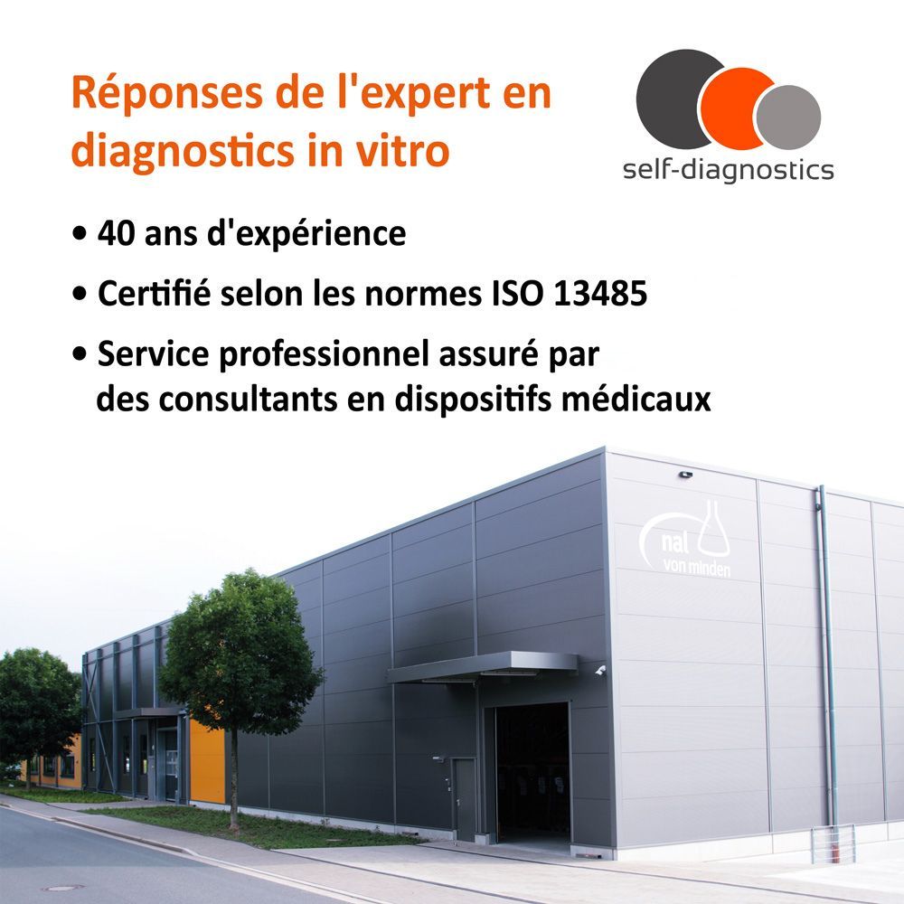 Bâtiment avec texte: Réponses de l'expert en diagnostics in vitro. Certifié ISO 13485. Consultants en dispositifs médicaux.