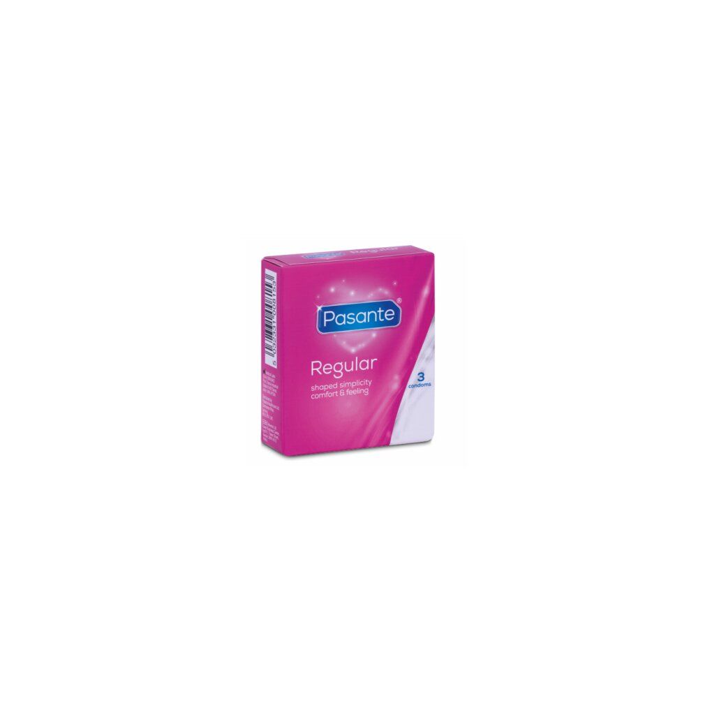 Boîte rose de préservatifs Pasante Regular. Contient 3 préservatifs.