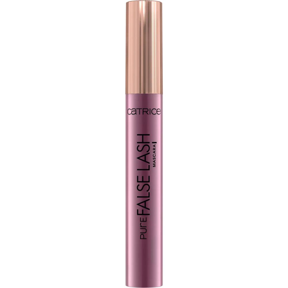 Tube de mascara fermé, rose, avec bouchon doré. Inscription: Catrice Pure False Lash Mascara.