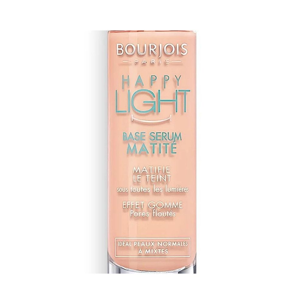 Bourjois Happy Light Mattheit Serumbasis. Beige fles met tekst. Ideaal voor normale tot gemengde huid.