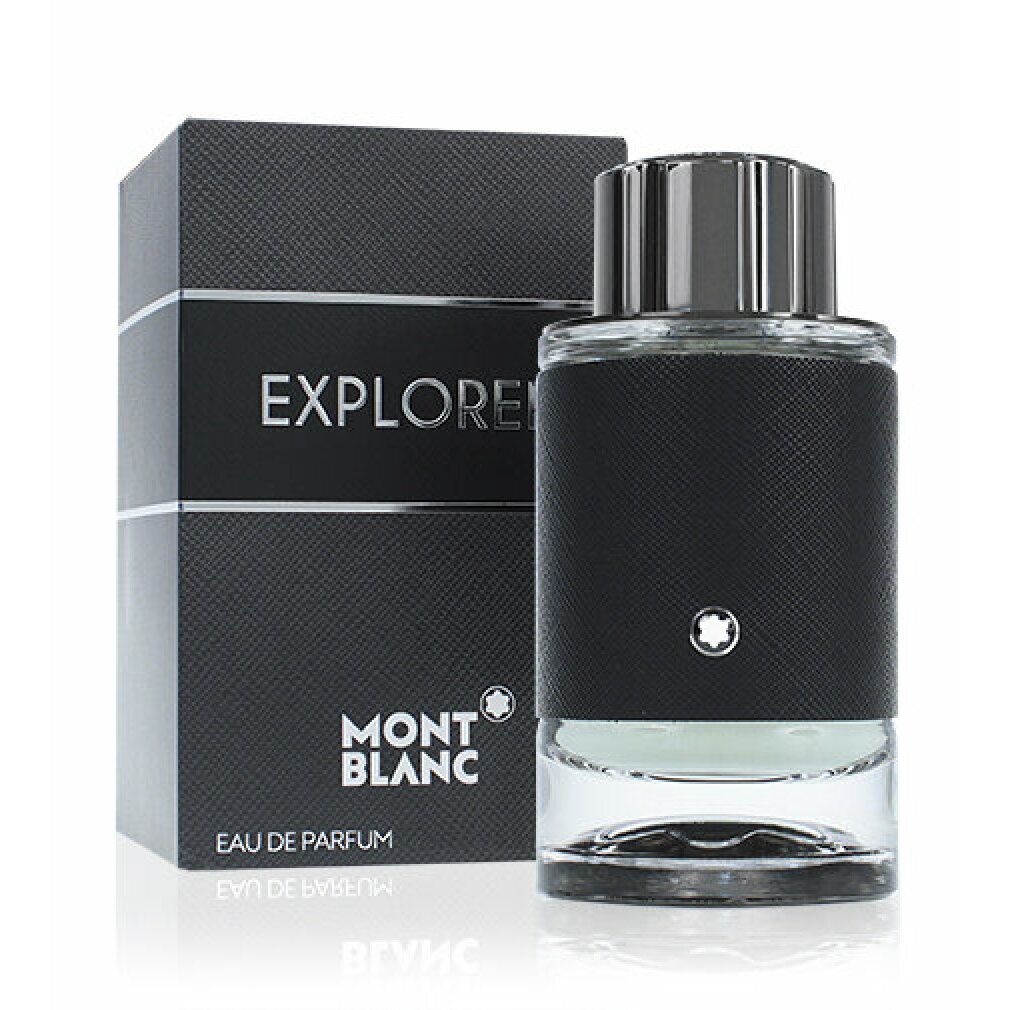 Flacon noir avec bouchon argenté et emballage noir. Inscription EXPLORER et MONTBLANC. Eau de Parfum.