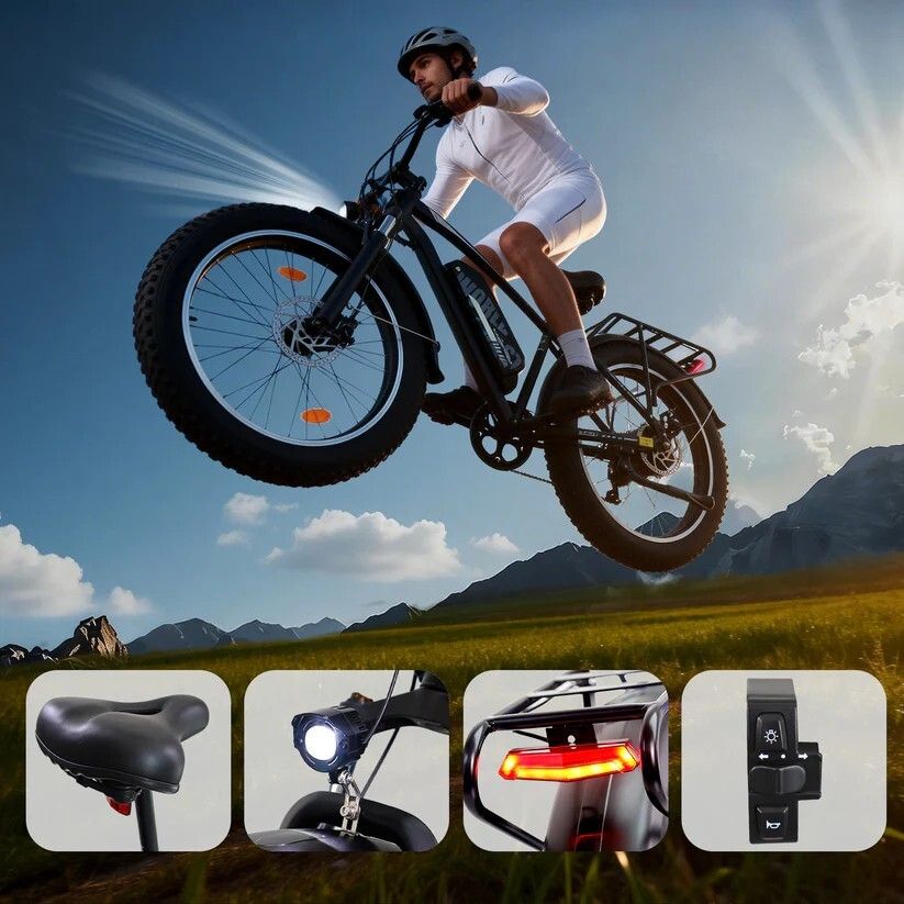 Personne faisant du vélo électrique. Des images supplémentaires montrent la selle, le phare, le feu arrière et les commandes.