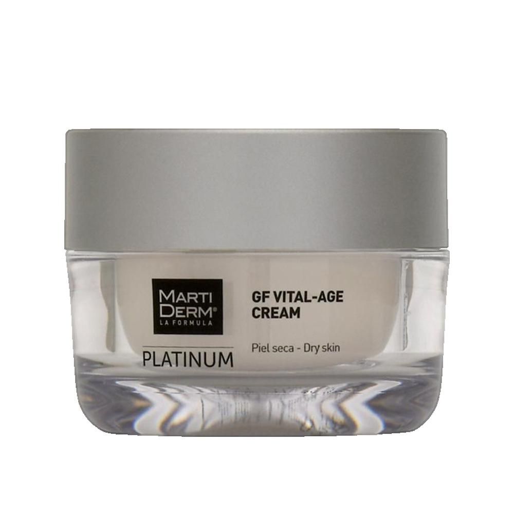 Crèmepot met zilveren deksel. Opschrift: Marti Derm Platinum GF Vital-Age Cream. Voor de droge huid.