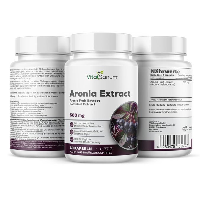 VitaSanum Aronia Extract Capsules, 500 mg. Drie containers, één vooraan met etiket en aroniabessen.
