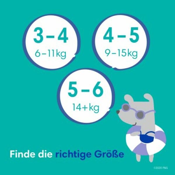 Indications de taille circulaires : 3-4 (6-11kg), 4-5 (9-15kg), 5-6 (14+kg). Chien de dessin animé avec bouée. Texte : Trouvez la bonne taille.