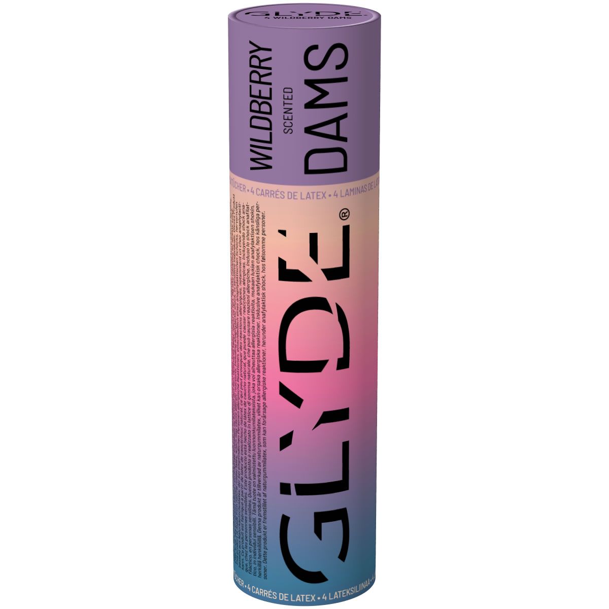 Glyde Dams Wildberry, tampons en latex parfumés dans un emballage cylindrique.