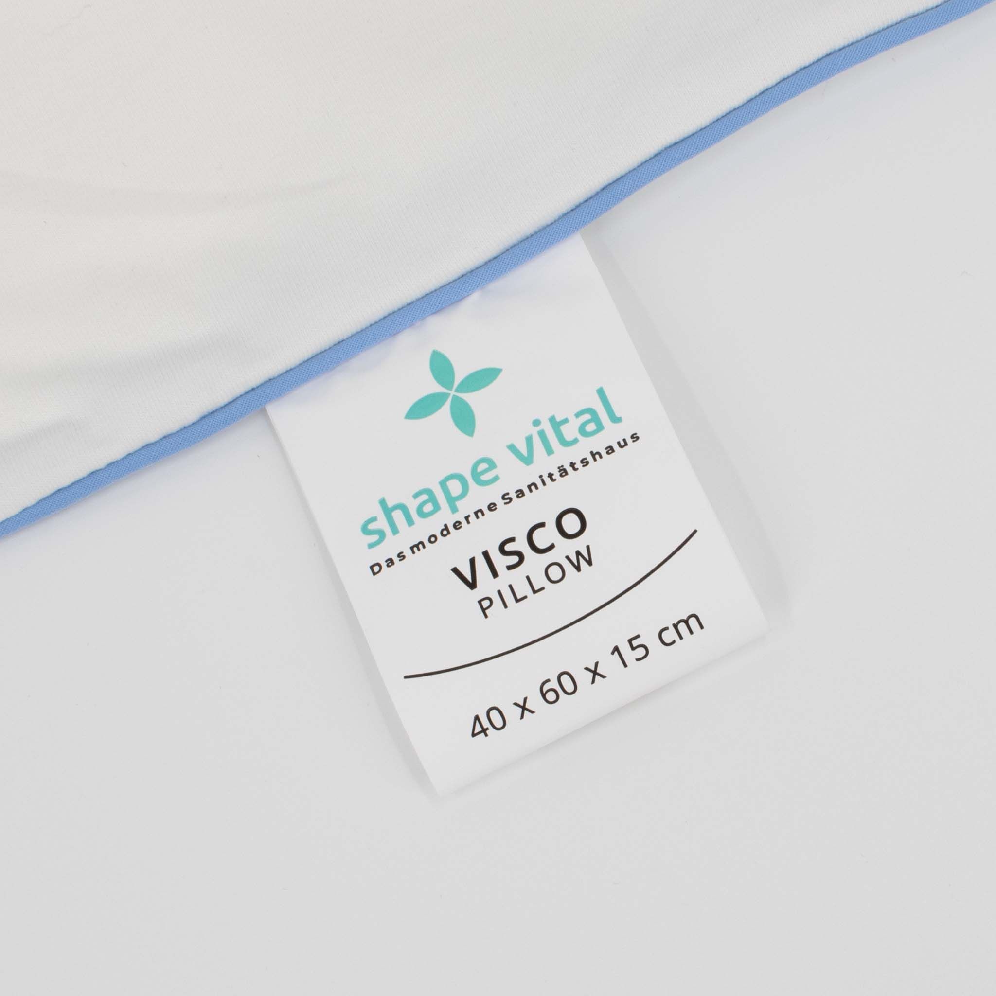 Label met logo en tekst: shape vital, Visco Pillow, 40x60x15 cm.