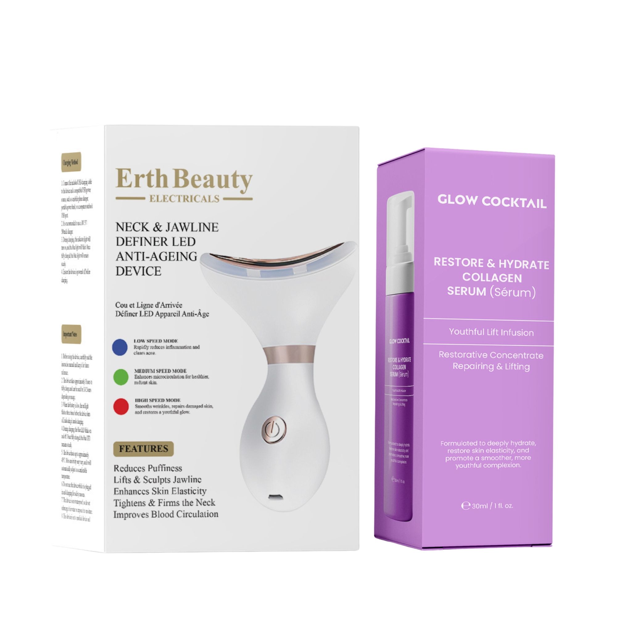 Glow Cocktail Système LED Anti Age Cou et Ovale du Visage avec Sérum au Collagène